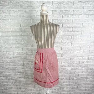 Vintage Handmade Red and White Gingham Half Apron with Floral Embroidery